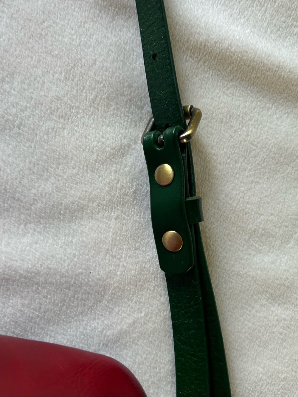 Red Leather Satchel with Green Strap - Classic Top Handle Crossbody - Picture 10 of 13